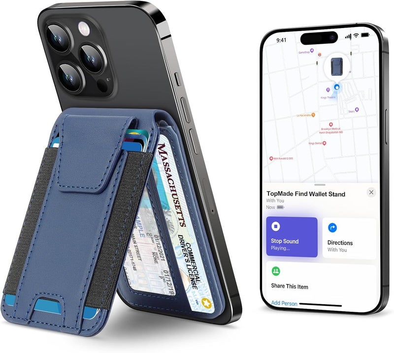 TopMade for Magsafe Wallet, Works with Apple Find My, Strongest Magnetic Wallet for iPhone 17/16/15/14/13/12 Series, Mganetic card holder with Adjustable Stand, 9 Cards Holder, Dark Blue - Image 1